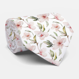 Elegant Blush Pink Watercolor Magnolia Floral Neck Tie
