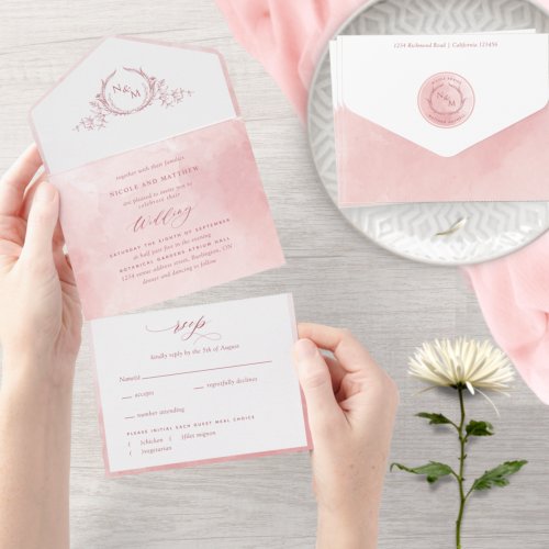 Elegant Blush Pink Watercolor Monogram Wedding All All In One Invitation