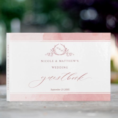 Elegant Blush Pink Watercolor Monogram Wedding Guest Book