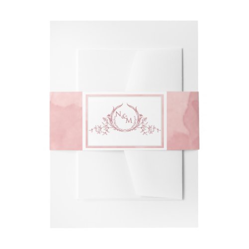 Elegant Blush Pink Watercolor Monogram Wedding Invitation Belly Band