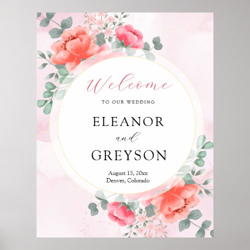 Elegant blush pink watercolor wedding welcome  poster