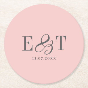 Elegant Blush Pink Wedding Couples Initials Round Paper Coaster