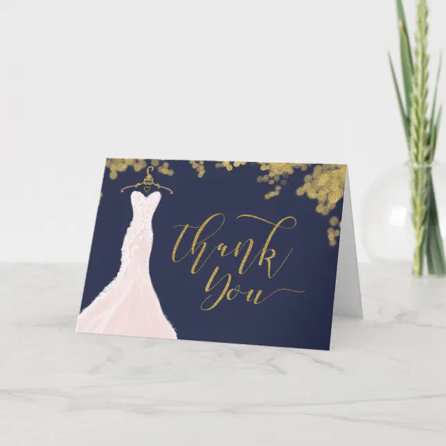 Elegant Blush Pink Wedding Dress Navy & Gold Thank You Card | Zazzle