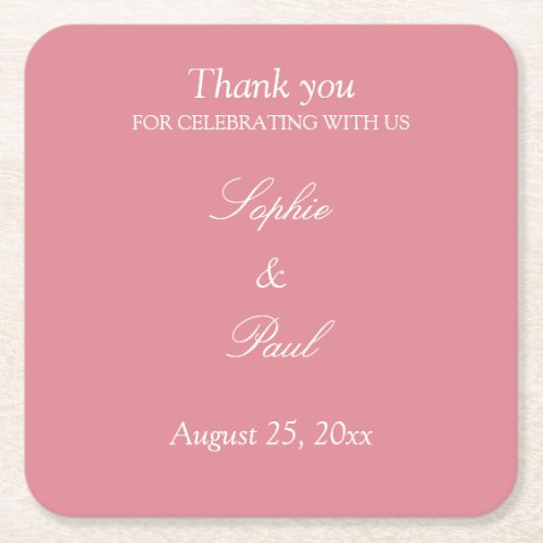 Elegant Blush Pink Wedding Thank You Square Paper Coaster