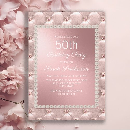 Elegant Blush Pink White 50th Birthday Party Invitation
