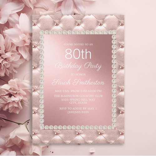 Elegant Blush Pink White 80th Birthday Party Invitation