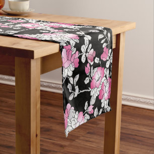 Elegant Blush Pink White Black Floral Pattern Short Table Runner