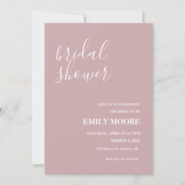 Elegant blush pink white calligraphy bridal shower invitation (Front)