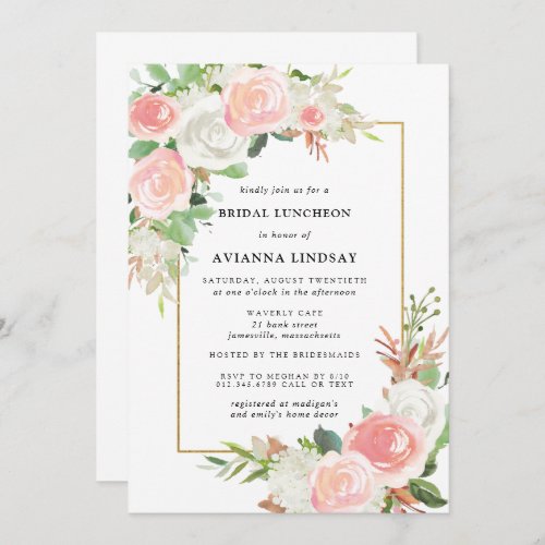 Elegant Blush Pink White Floral Bridal Luncheon Invitation