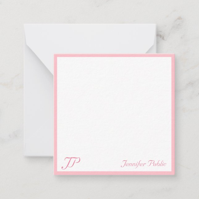 Elegant Blush Pink White Handwritten Text Monogram Note Card (Front)