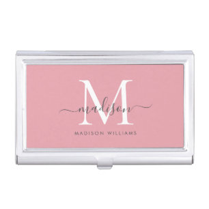 Elegant Blush Pink White Monogram Chic Script Name Business Card Case