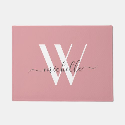 Elegant Blush Pink White Monogram Name Script Doormat