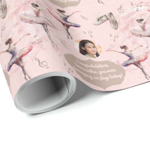 Elegant Blush Pink White Name Text Photo Ballerina Wrapping Paper