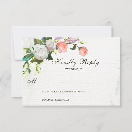 Elegant Blush Pink White Oil Painted Roses Wedding RSVP Card