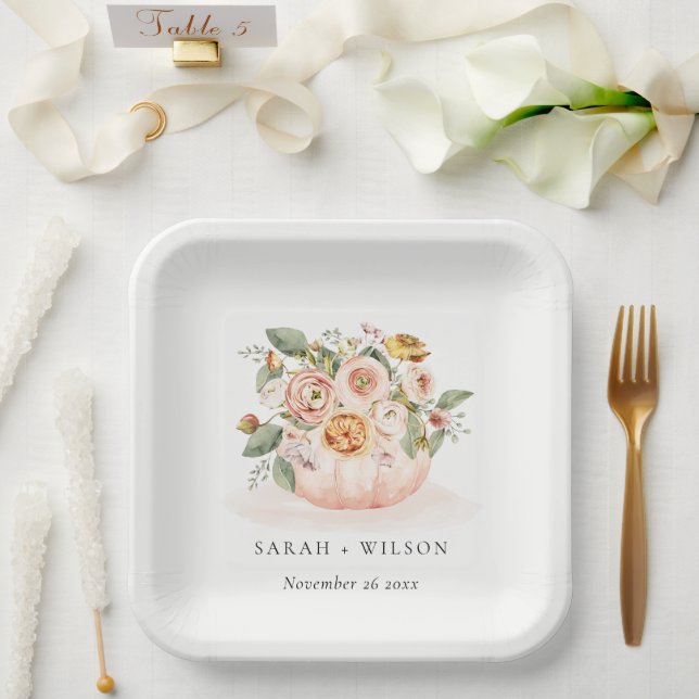 Elegant Blush Pink White Pumpkin Floral Wedding Paper Plates (Wedding)