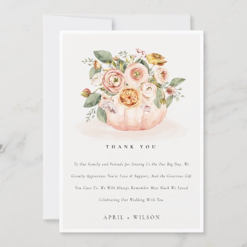 Elegant Blush Pink White Pumpkin Floral Wedding Thank You Card