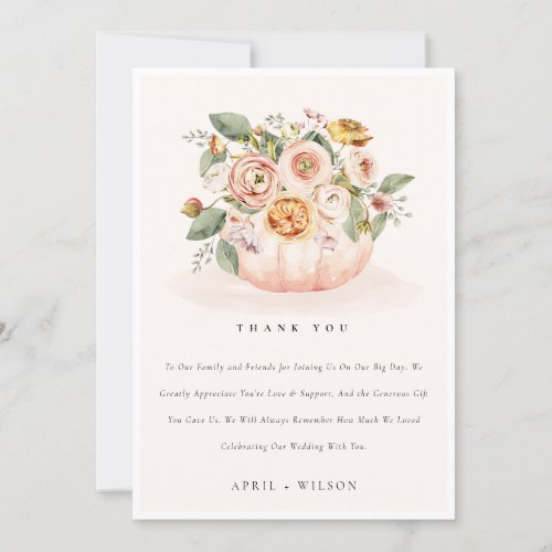 Elegant Blush Pink White Pumpkin Floral Wedding Thank You Card