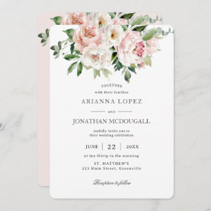 Elegant Blush Pink White Roses Floral Wedding Invitation