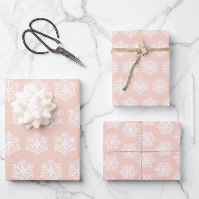 Elegant Blush Pink White Snowflakes Christmas Wrapping Paper Sheets (Front)