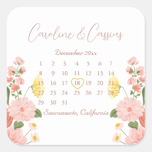 Elegant Blush Pink Wild Flower Wedding Calendar  Square Sticker