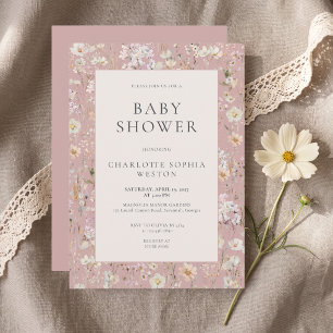 Elegant Blush Pink Wildflower QR Code Baby Shower Invitation