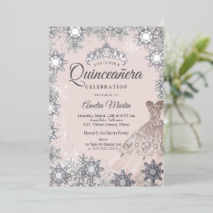 Elegant Blush Pink Winter Snowflake Quinceanera Foil Invitation
