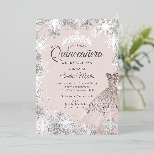 Elegant Blush Pink Winter Snowflake Quinceanera Foil Invitation (Standing Front)