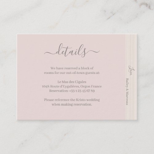 Elegant Blush Pink Wood Grain Wedding Hotel Detail Enclosure Card