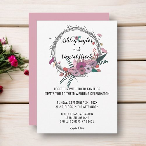 Elegant blush pink wreath botanical floral Wedding Invitation