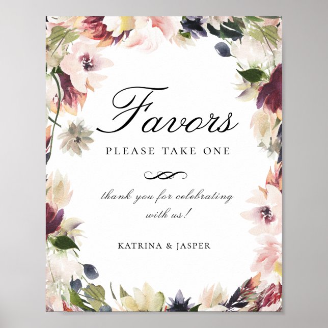 Elegant Blush Plum Floral Favor Wedding Sign (Front)