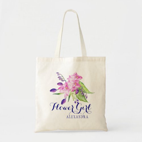 Elegant blush plum navy floral wedding flower girl tote bag