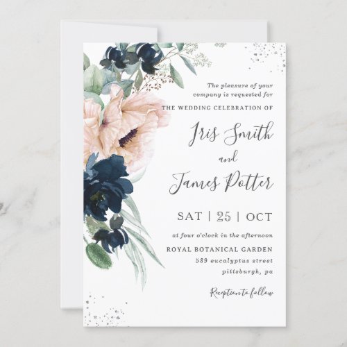 Elegant Blush Poppies Navy Floral Silver Wedding  Invitation