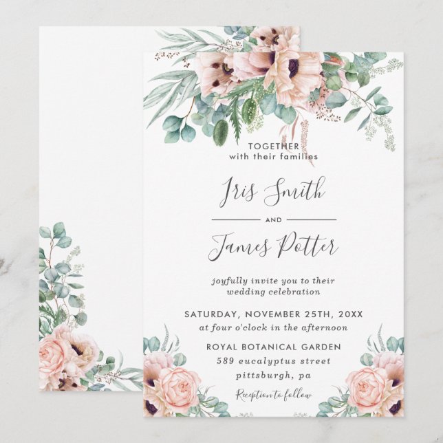 Elegant Blush Poppy Rose Floral Greenery Wedding Invitation (Front/Back)