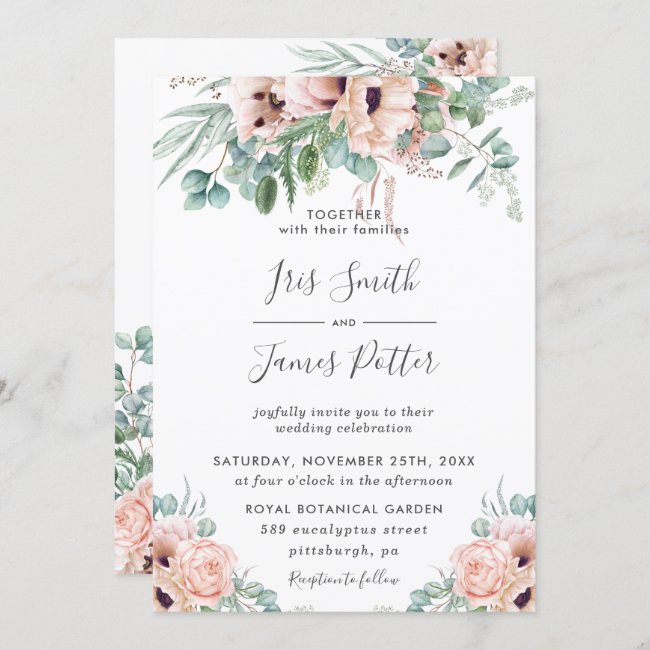 Elegant Blush Poppy Rose Floral Greenery Wedding Invitation
