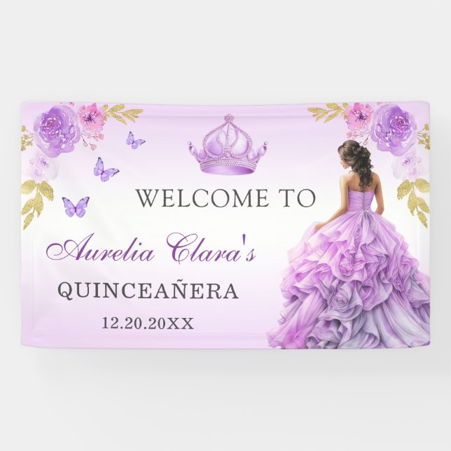 Elegant Blush Purple Floral Quinceañera Birthday Banner (Horizontal)