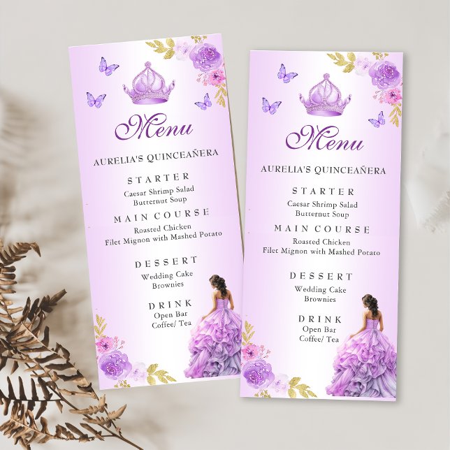 Elegant Blush Purple Floral Quinceañera Birthday Menu (Creator Uploaded)