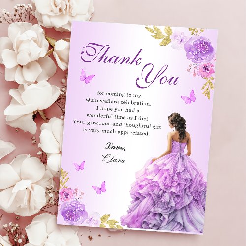 Elegant Blush Purple Floral Quinceaera Birthday Thank You Card