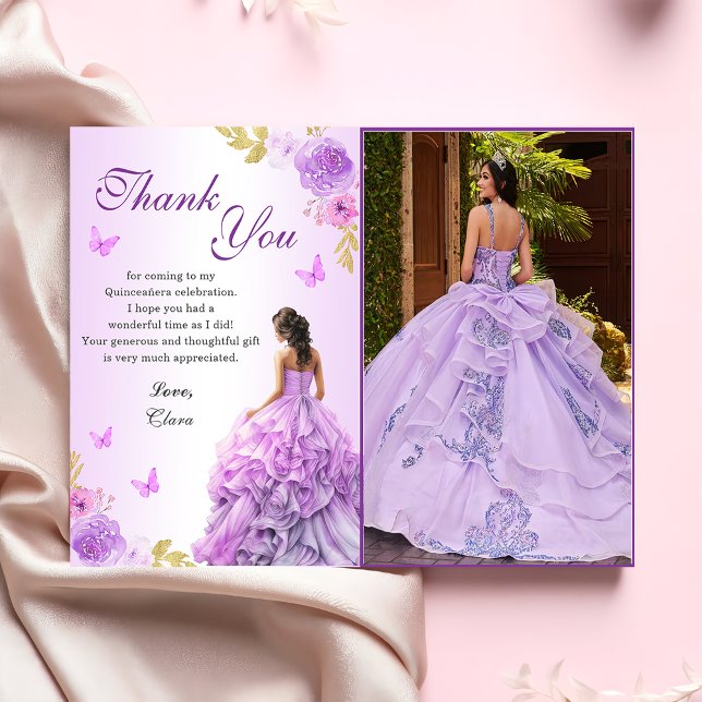 Elegant Blush Purple Floral Quinceañera Birthday Thank You Card (Creator Uploaded)