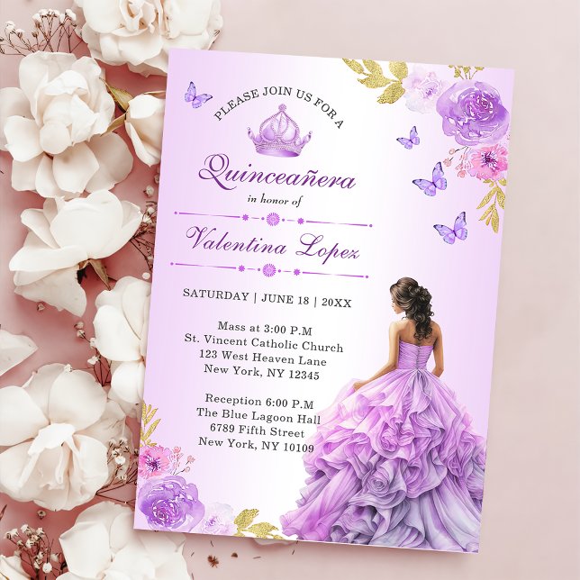 Elegant Blush Purple Floral Quinceañera Invitation (Creator Uploaded)