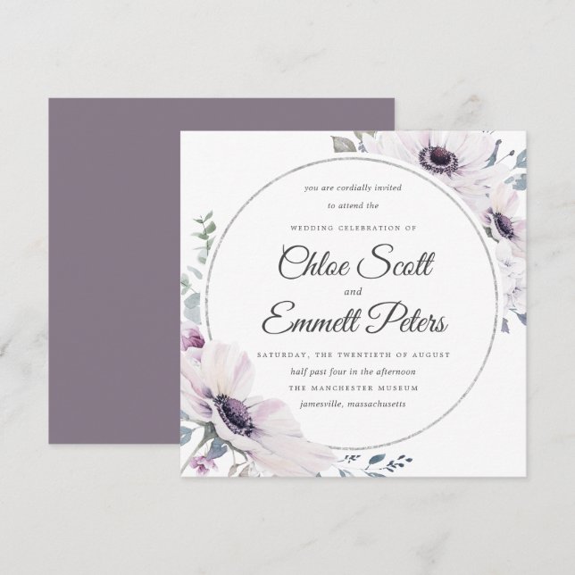 Elegant Blush Purple Floral Silver Wedding Invitation (Front/Back)