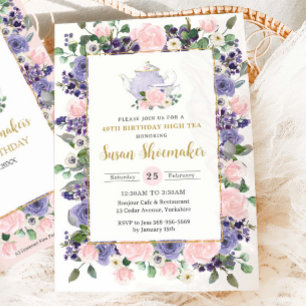 Elegant Blush & Purple Floral Tea Party Birthday Invitation