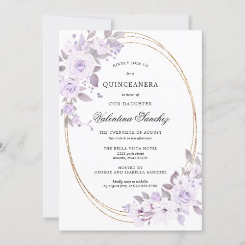Elegant Blush Purple Rose floral Quinceanera Invitation