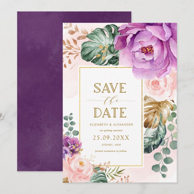 Elegant Blush Purple Tropical Floral Save the Date Invitation (Front/Back)
