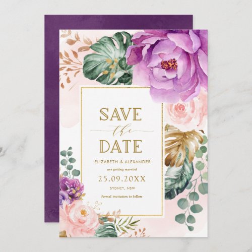 Elegant Blush Purple Tropical Floral Save the Date Invitation