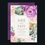Elegant Blush Purple Tropical Floral Save the Date Invitation<br><div class="desc">This beautiful design features elegant watercolor tropical floral greenery in blush pink,  violet and gold.</div>