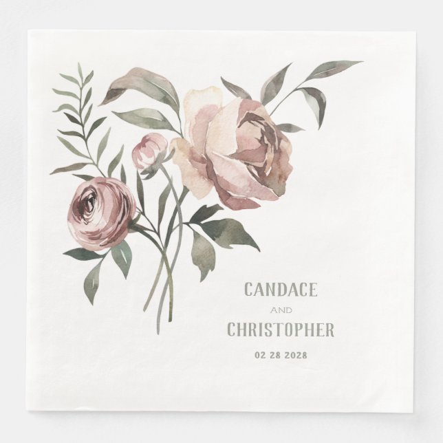 Elegant Blush Ranunculus & Vintage Rose Paper Dinner Napkins (Front)