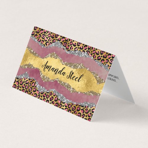 Elegant blush rose animal print glittery monogram business card