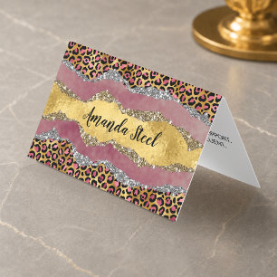 Elegant blush rose animal print glittery monogram business card