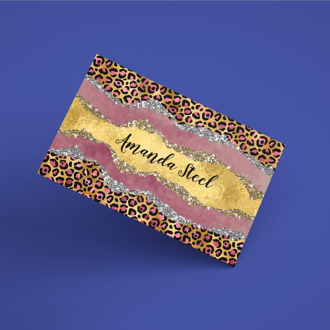 Elegant blush rose animal print glittery monogram  business card (Creator Uploaded)