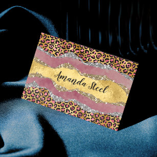 Elegant blush rose animal print glittery monogram  business card magnet
